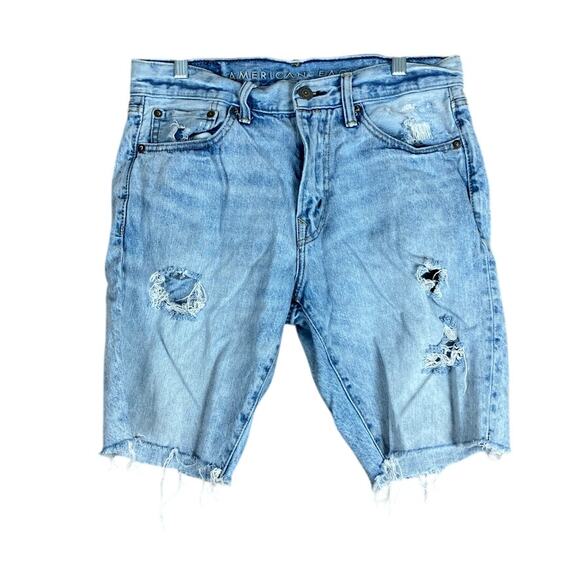American Eagle Mens Shorts Blue Rainbow Embroidered Cut Off Distressed 30 - Picture 1 of 12